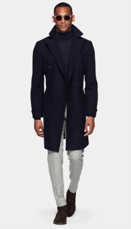 Double Breasted Wool and Cashmere Overcoat - Navy 3/4 Length Car Coat