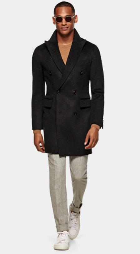 Double Breasted Wool Overcoat - Black 3/4 Length Car Coat
