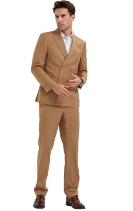 Pinstripe Double Breasted Suits - Camel Suit