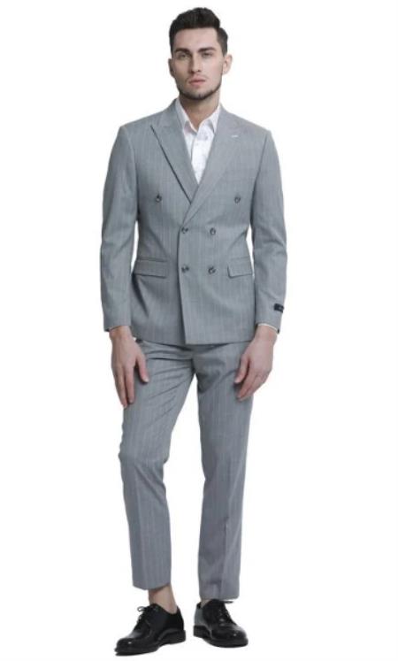 Pinstripe Double Breasted Suits - Grey Suit