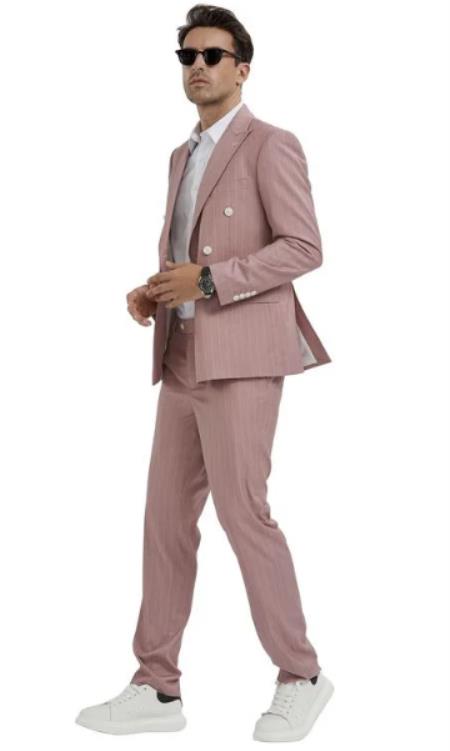 Pinstripe Double Breasted Suits - Pink Stripe Suit - Slim fit Suit - Blush Color - Slim Fit Cut