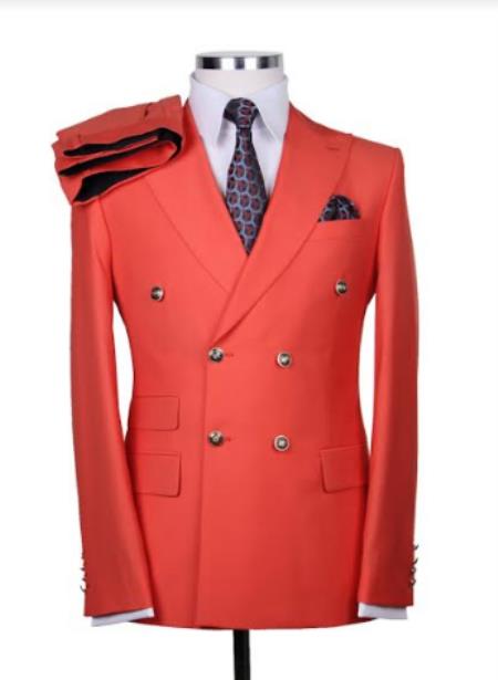 Slim Fitted Cut Double Breasted Suit With Gold Buttons - Orange Suit Flat Front Pants