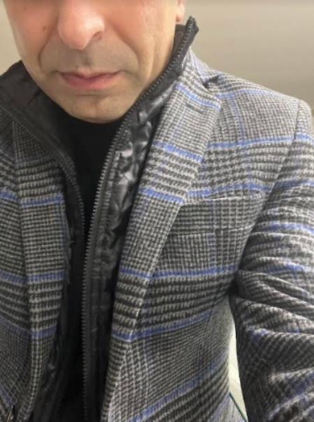 Mens Charcoal Grey and Blue Plaid Blazer - Charcoal Houndstooth Checkered Sport Coat - Wool