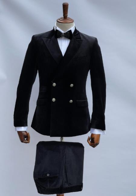 Mens Velvet Suit - Slim Fit Double Breasted Suit Blazer and Pants - Black