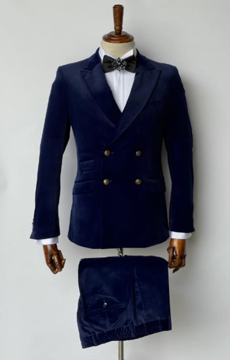 Mens Velvet Suit - Slim Fit Double Breasted Suit Blazer and Pants R-Blue
