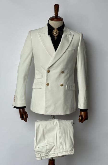 Slim Fitted Cut Double Breasted Suit With Gold Buttons Flat Front Pants - Cream ~ Ivory ~ Off White