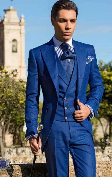 Royal Blue Men Suits Yellow Vest Wedding Formal Tuxedos Peak Lapel