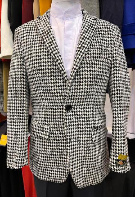Houndstooth Blazer - 100% Wool Houndstooth Sport Coat - Black and White Checker Jacket