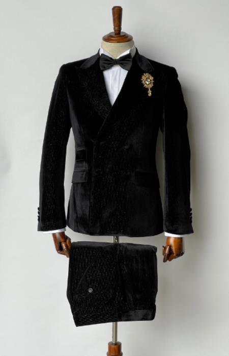 Mens Velvet Suit - Slim Fit  Double Breasted Suit - Blazer and Pants Black