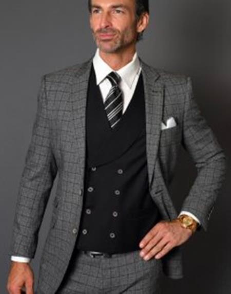 Plaid Suit - 3 Piece Vested Suits - 2 Buttons Windowpane Suit Grey and Black