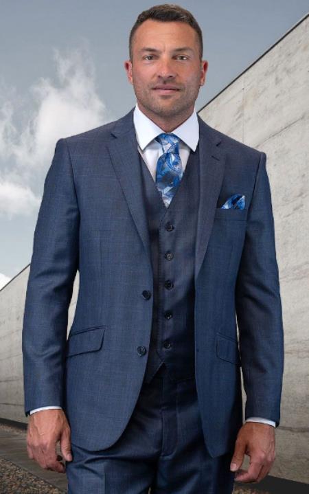 Plaid Suit - 3 Piece Vested Suits - 2 Buttons Windowpane Suit - Charcoal Suit - Wool