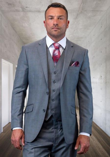 Plaid Suit - 3 Piece Vested Suits - 2 Buttons Windowpane Suit - Oxford Suit - Wool