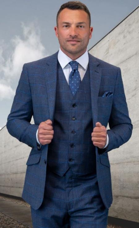 Plaid Suit - 3 Piece Vested Suits - 2 Buttons Windowpane Suit - Blue Suit