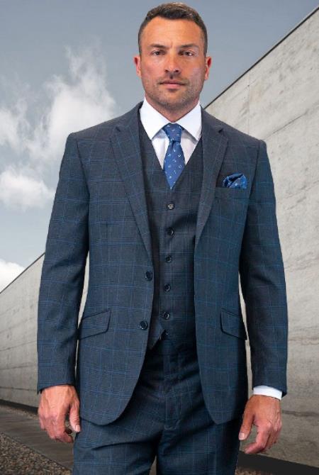 Plaid Suit - 3 Piece Vested Suits - 2 Buttons Windowpane Suit - Heather Charcoal Suit - Wool