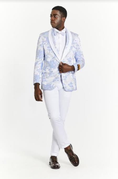 Big And Tall Suit For Men - Jacket + Pants + Bowtie + Pants - White and Blue Suit