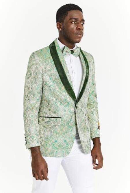 Big And Tall Suit For Men - Jacket + Pants + Bowtie + Pants - White and Lime Green Suit