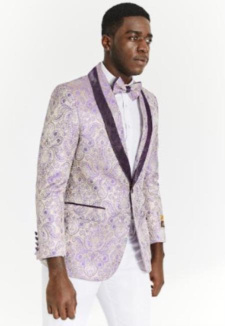 Big And Tall Suit For Men - Jacket + Pants + Bowtie + Pants - White and Lavender Suit