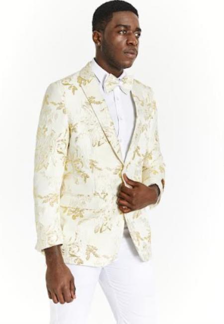 Big And Tall Suit For Men - Jacket + Pants + Bowtie + Pants - Off-White and Gold Suit