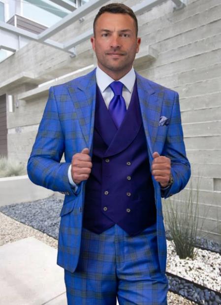 Plaid Suits - Windowpane Suits - Statement Suits - 100% Wool Suit - Purple