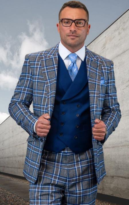 Plaid Suits - Windowpane Suits - Statement Suits - 100% Wool Suit - Blue