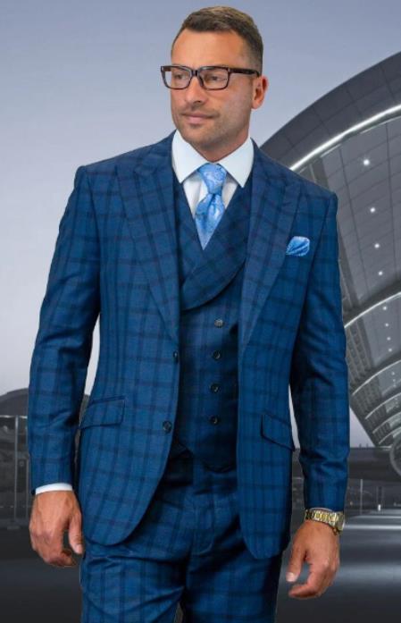 Plaid Suits - Windowpane Suits - Statement Suits - 100% Wool Suit - Navy