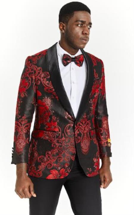 Mens Burgundy Blazer - Maroon Paisley Sport Coat - Floral Flower Jacket With Matching Bow Tie