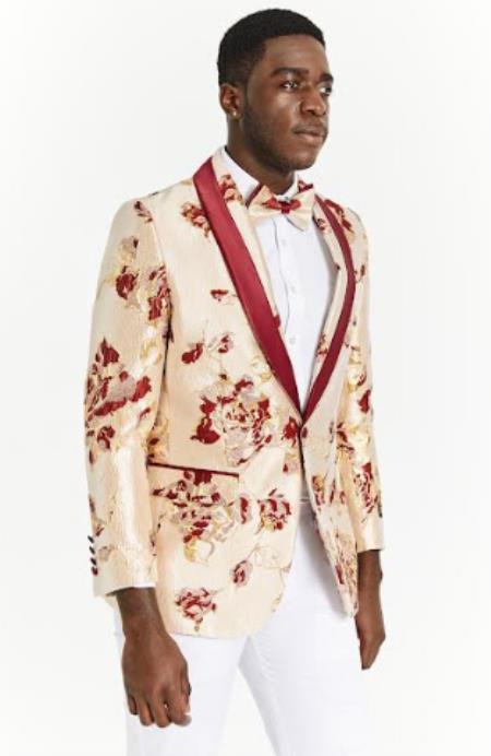 Mens Red Blazer - Paisley Sport Coat - Floral Flower Jacket With Matching Bow Tie