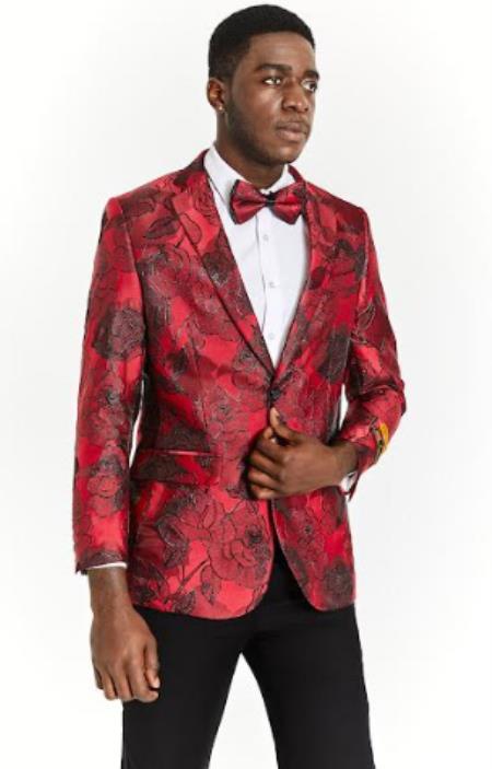 Mens Red Blazer - Paisley Sport Coat - Floral Flower Jacket With Matching Bow Tie