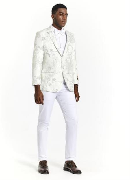 Big And Tall Tuxedo Paisley Tuxedo Sparkling Blazer - White and Silver Floral Sport Coat