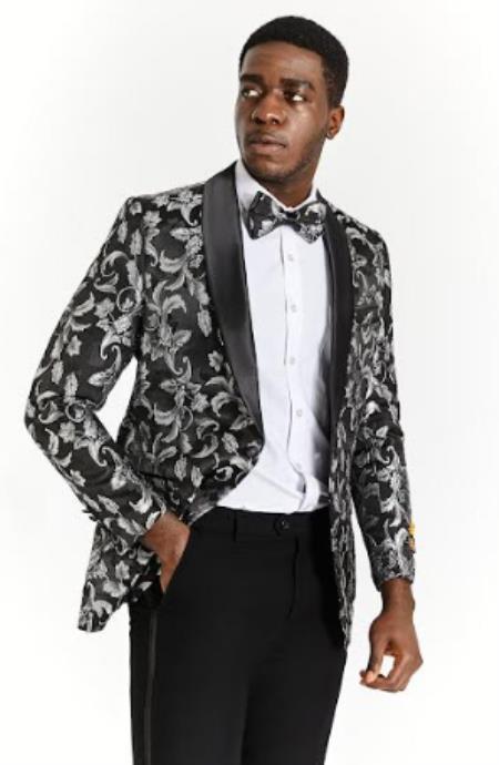 Big And Tall Tuxedo Paisley Tuxedo Sparkling Blazer - Black and White Floral Sport Coat