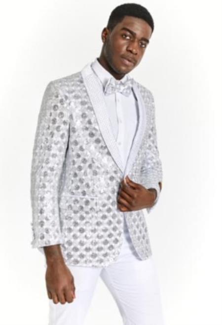 White and Silver Tuxedo With Matching Bowtie and White Pants