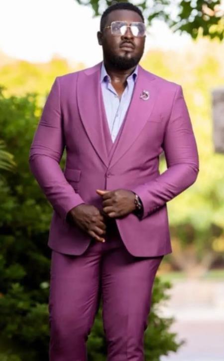 Mens Pink Suit - Magenta Color Big Lapel Vested Suit