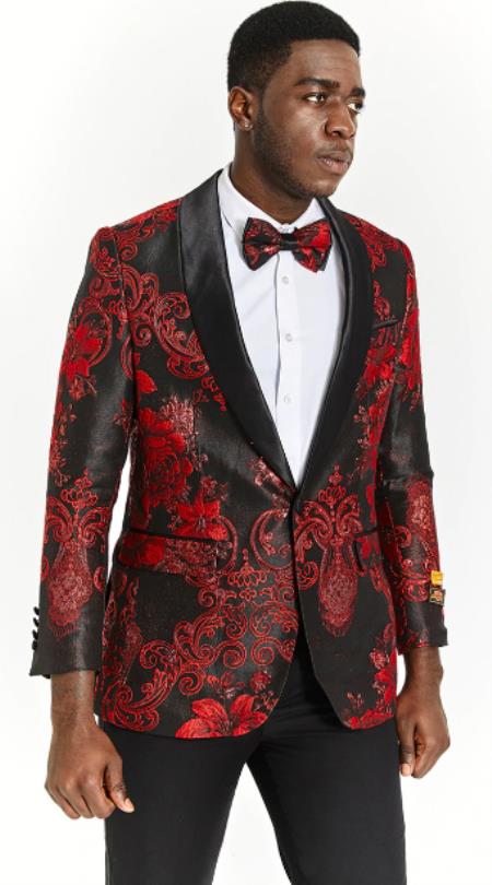 Mens One Button Black and Red Tuxedo Dinner Jacket