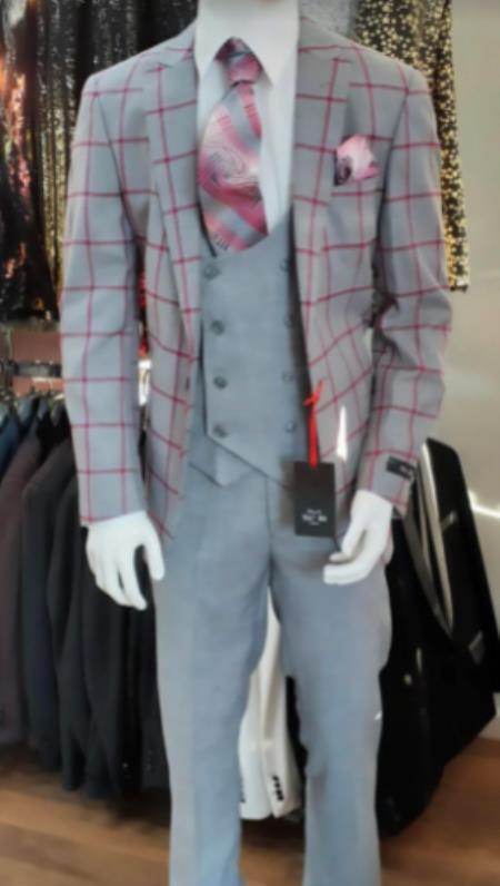 Light Grey With Burgundy Window Pane - Gray Plaid Suit With Double Breasted Vest Suit
