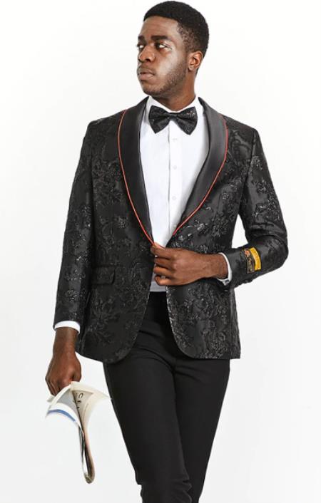 Black Paisley Dinner Jacket and Matching Bowtie - Black Paisley Suit - Prom Tuxedo Matching Bowtie - Black and Red Trim