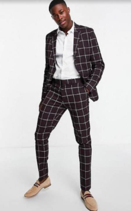 Bold Gangster Plaid Suit - 1920s Mens Fashion Window Pane Suit - Burgundy