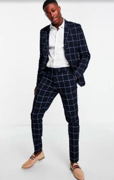 Bold Gangster Plaid Suit - 1920s Mens Fashion Window Pane Suit - Navy