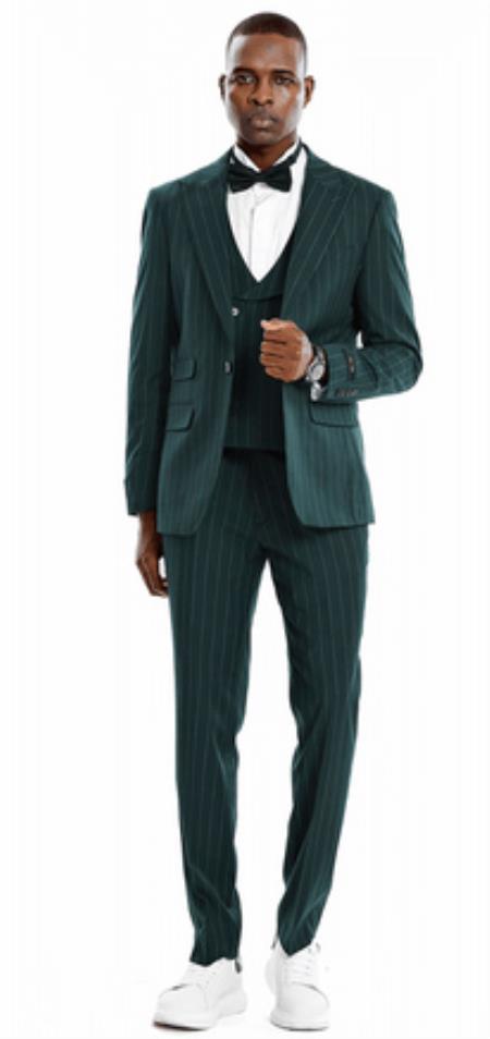 Mens Two Button Peak Lapel Slim Fit Suit Hunter Green
