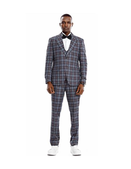 Mens Two Button Gray Maroon Plaid Skinny Fit Suit