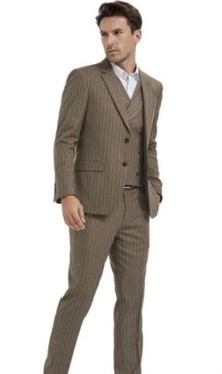 Mens Suits With Double Breasted Vest Khaki