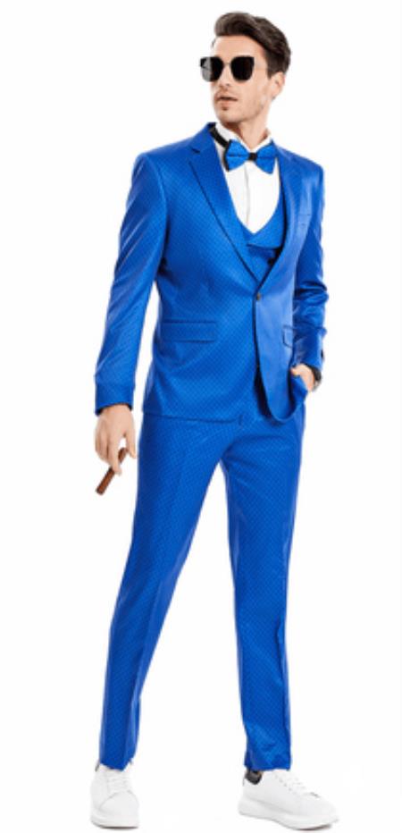 Mens One Button Dot Skinny Fit Fashion Prom Suit Blue