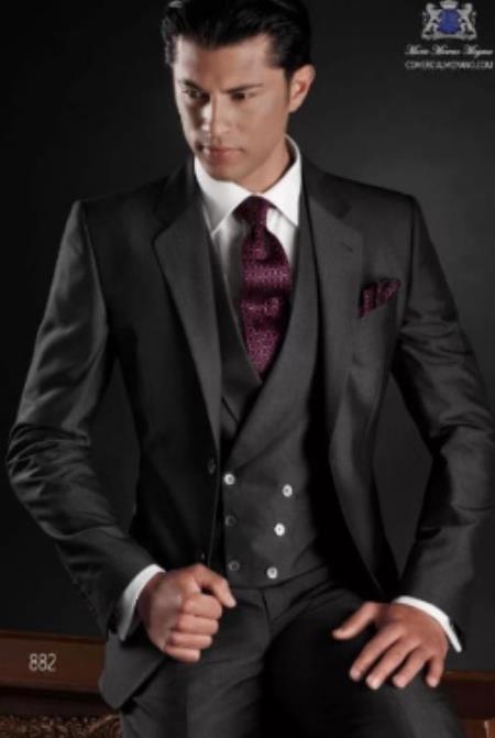 Mens Suits with Double Breasted Vest - Single Button Peak Lapel 