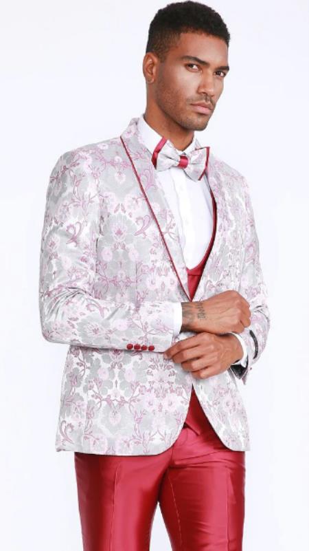 #JA56565 Mans Pink and Raspberry Tuxedo With Floral Pattern