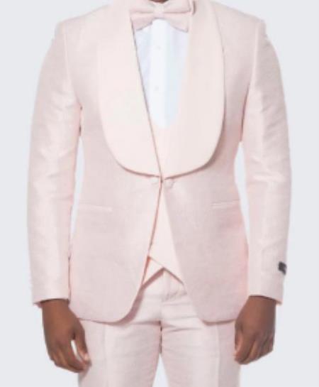 Mens Pink Tuxedo With Floral Textured Pattern Large Shawl Lapel