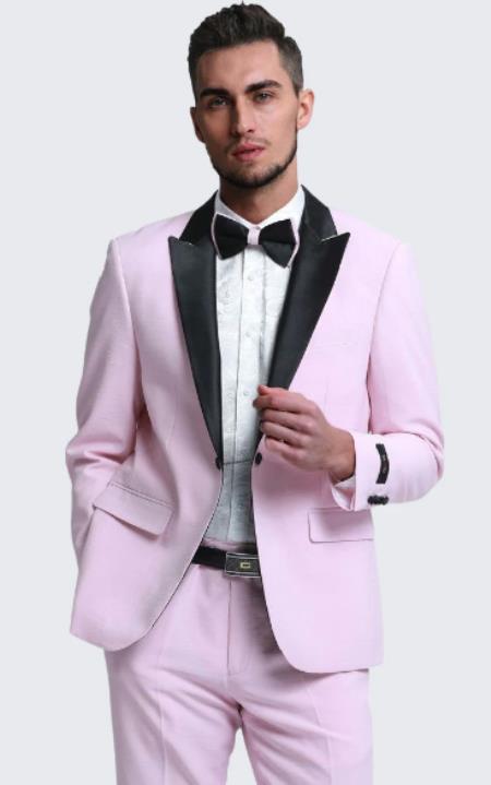 Mens Pink Tuxedo Slim Fit Peak Lapel With Button Chain 3-Piece Set