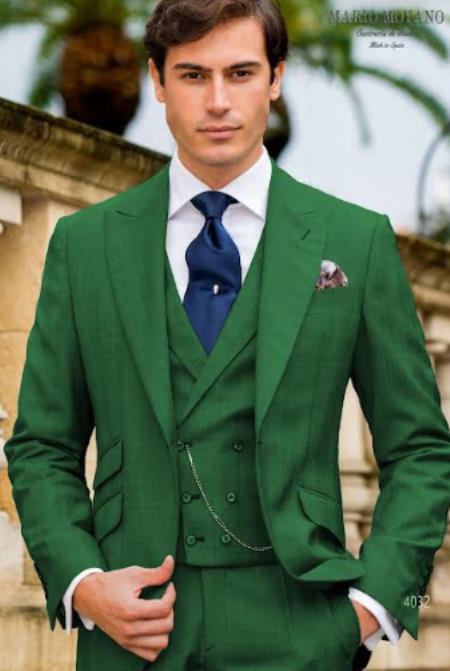 Mens One Button Peak Lapel Suit Hunter Green