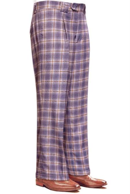 Mens 100% Wool Pant - Wide Leg Plaid Slacks - Lavender