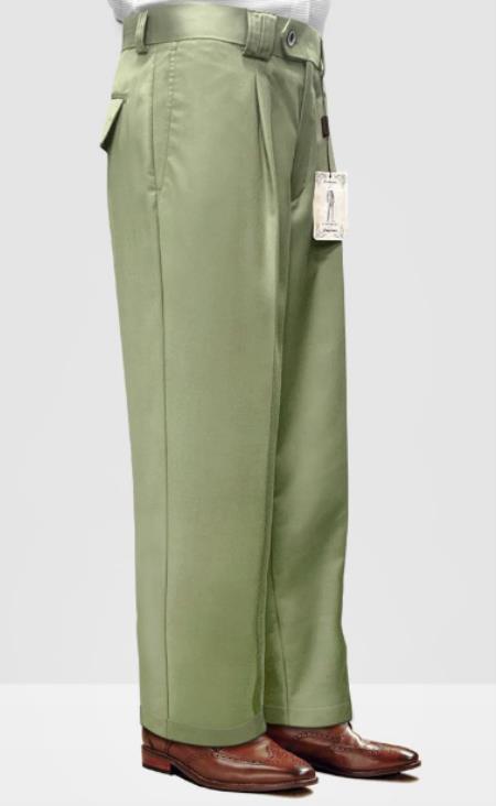 Mens 100% Wool Pant - Pleated Wide Leg - Apple Green - 100% Percent Wool Fabric