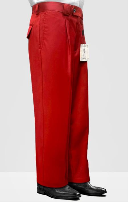Mens 100% Wool Pant - Pleated Wide Leg - Red - 100% Percent Wool Fabric