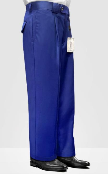 Mens 100% Wool Pant - Pleated Wide Leg - Royal Blue - 100% Percent Wool Fabric